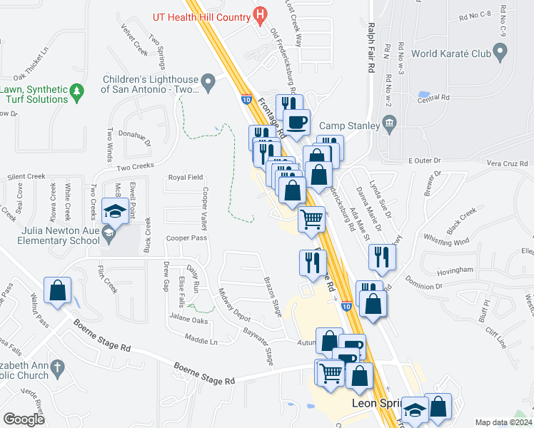 map of restaurants, bars, coffee shops, grocery stores, and more near 25051 West Interstate 10 Frontage Road in San Antonio