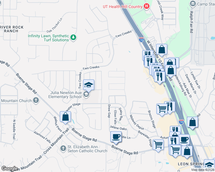 map of restaurants, bars, coffee shops, grocery stores, and more near 24720 Buck Creek in San Antonio