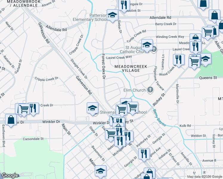 map of restaurants, bars, coffee shops, grocery stores, and more near 5419 Timber Creek Drive in Houston