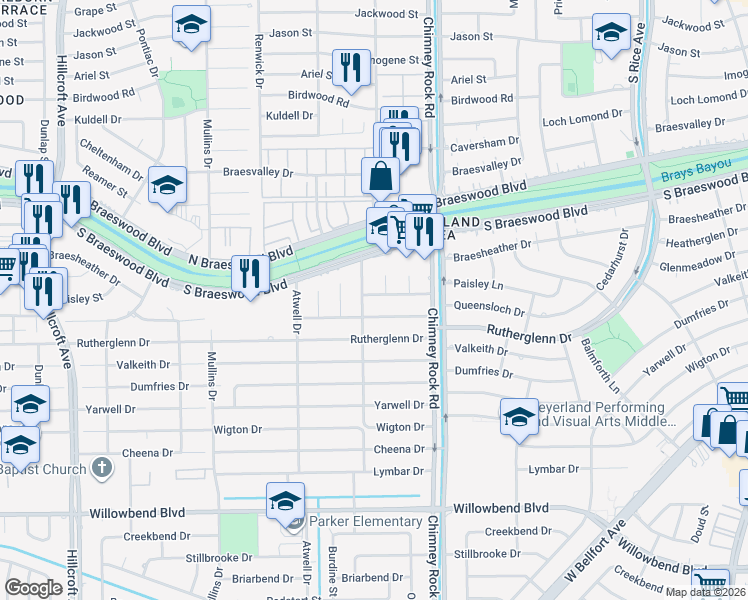 map of restaurants, bars, coffee shops, grocery stores, and more near 5443 Paisley Lane in Houston