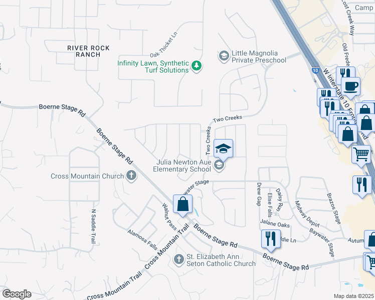 map of restaurants, bars, coffee shops, grocery stores, and more near 24915 White Creek in San Antonio