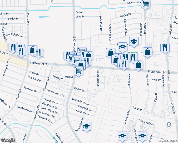 map of restaurants, bars, coffee shops, grocery stores, and more near 11611 Bissonnet Street in Houston