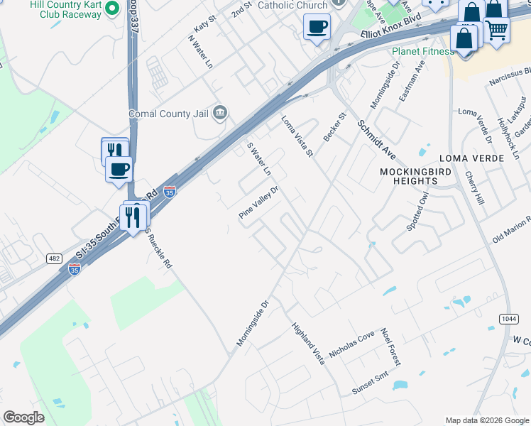 map of restaurants, bars, coffee shops, grocery stores, and more near 3023 Green Mountain Drive in New Braunfels