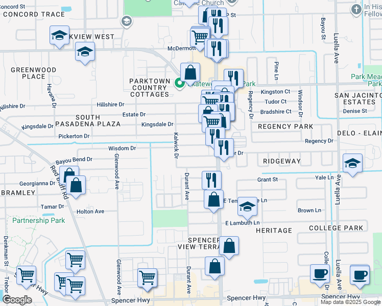 map of restaurants, bars, coffee shops, grocery stores, and more near 2721 Spa Drive in Deer Park