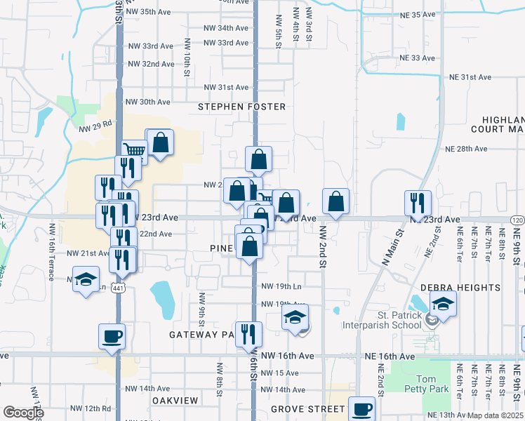 map of restaurants, bars, coffee shops, grocery stores, and more near 2301-2423 Northwest 6th Street in Gainesville