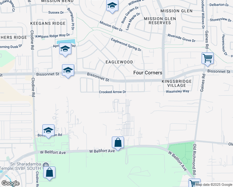 map of restaurants, bars, coffee shops, grocery stores, and more near 16031 Crooked Arrow Drive in Sugar Land