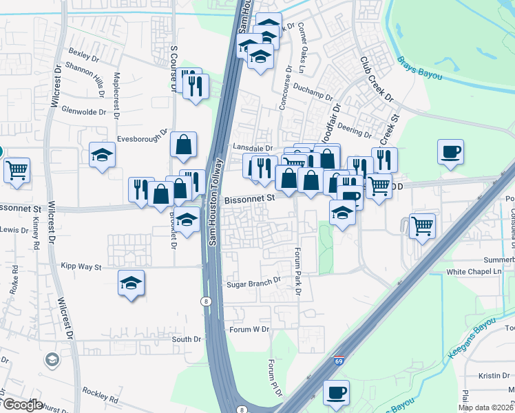 map of restaurants, bars, coffee shops, grocery stores, and more near 10111 Bissonnet Street in Houston