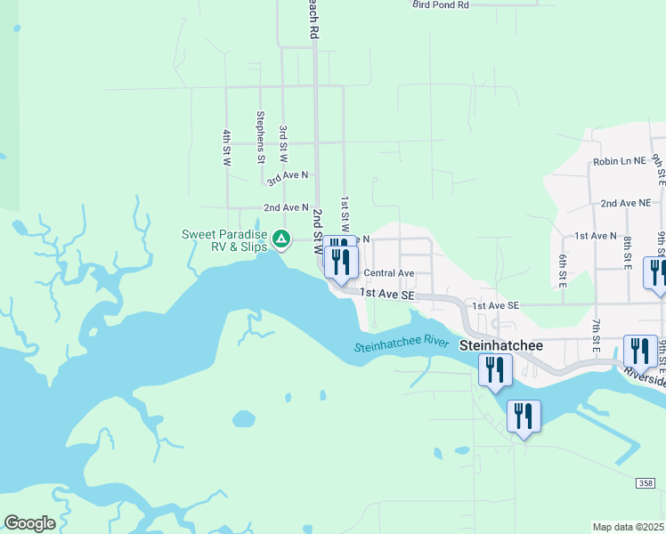 map of restaurants, bars, coffee shops, grocery stores, and more near 115 1st Street West in Steinhatchee