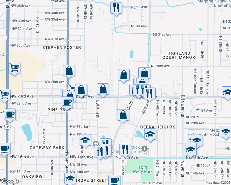 map of restaurants, bars, coffee shops, grocery stores, and more near 100 Northeast 23rd Avenue in Gainesville