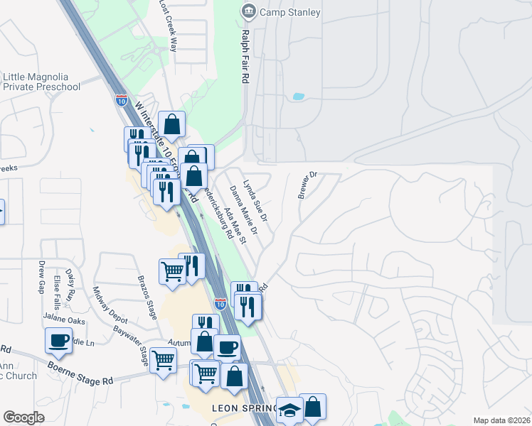 map of restaurants, bars, coffee shops, grocery stores, and more near 7503 Jamie Wynell Circle in San Antonio