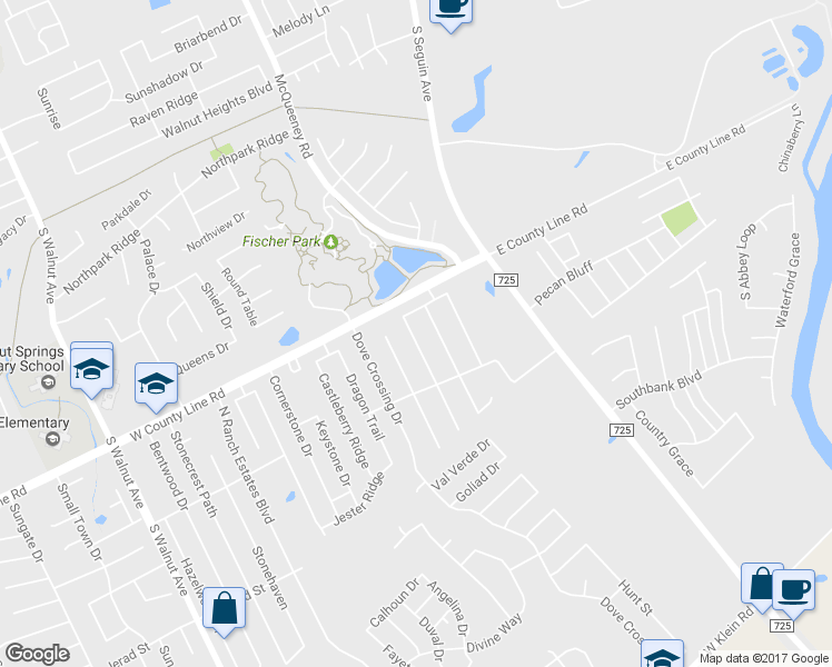 map of restaurants, bars, coffee shops, grocery stores, and more near 2029 Warwick Place in New Braunfels