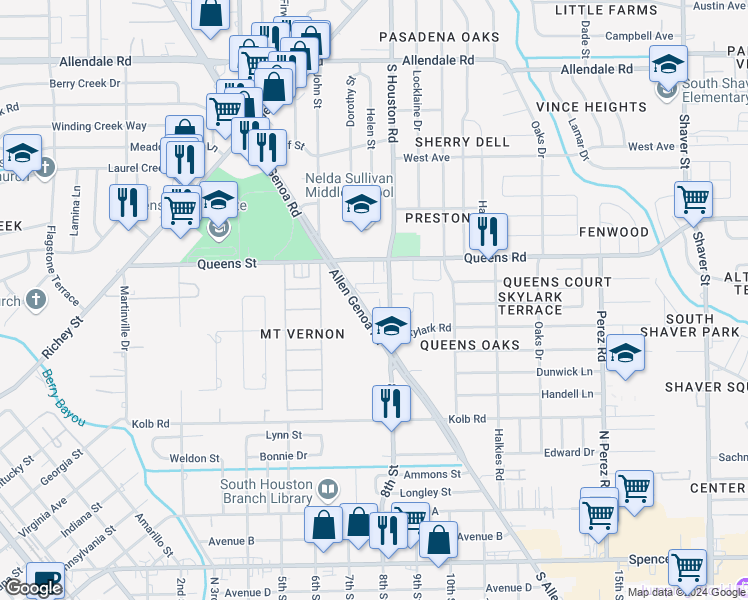 map of restaurants, bars, coffee shops, grocery stores, and more near 2525 Allen Genoa Road in Pasadena