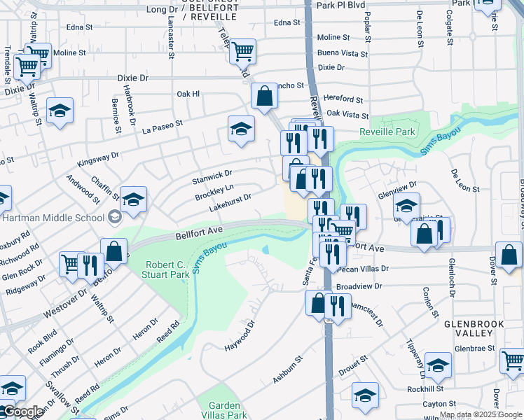 map of restaurants, bars, coffee shops, grocery stores, and more near 7450 Lakehurst Drive in Houston