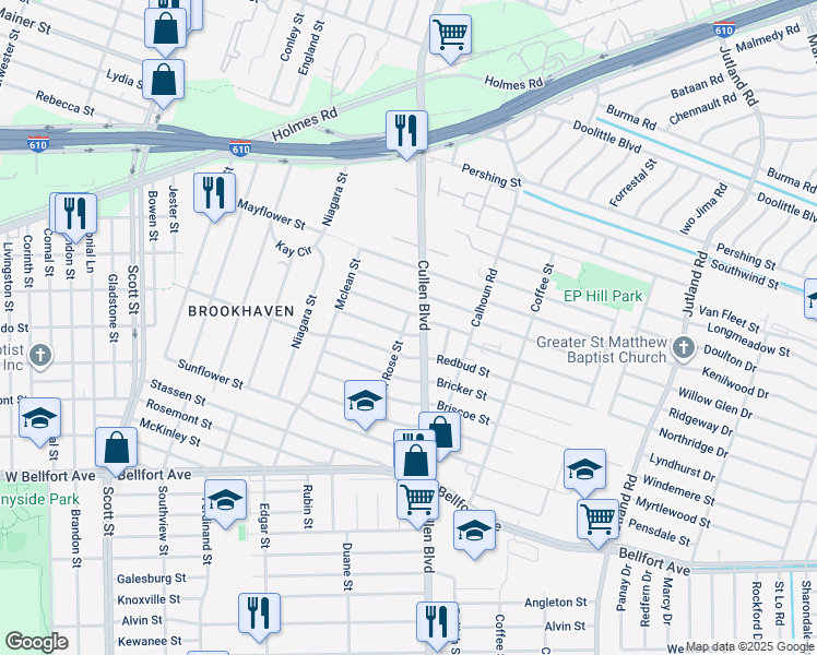 map of restaurants, bars, coffee shops, grocery stores, and more near 4601 Newberry Street in Houston