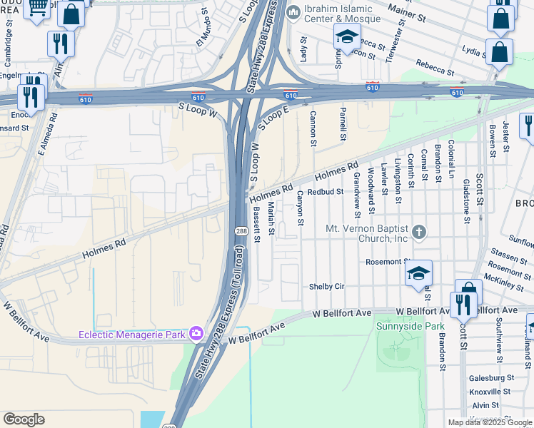 map of restaurants, bars, coffee shops, grocery stores, and more near 8129 Bassett Street in Houston