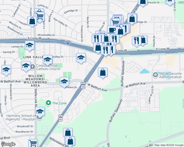 map of restaurants, bars, coffee shops, grocery stores, and more near 10200 Main Street in Houston