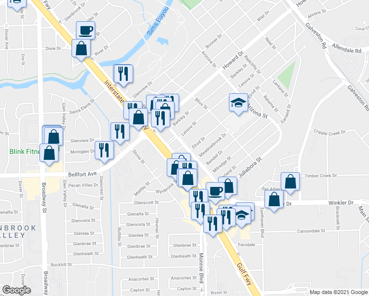 map of restaurants, bars, coffee shops, grocery stores, and more near 8434 Winkler Drive in Houston