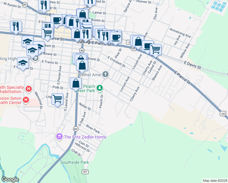 map of restaurants, bars, coffee shops, grocery stores, and more near 420 Locust Avenue in Luling