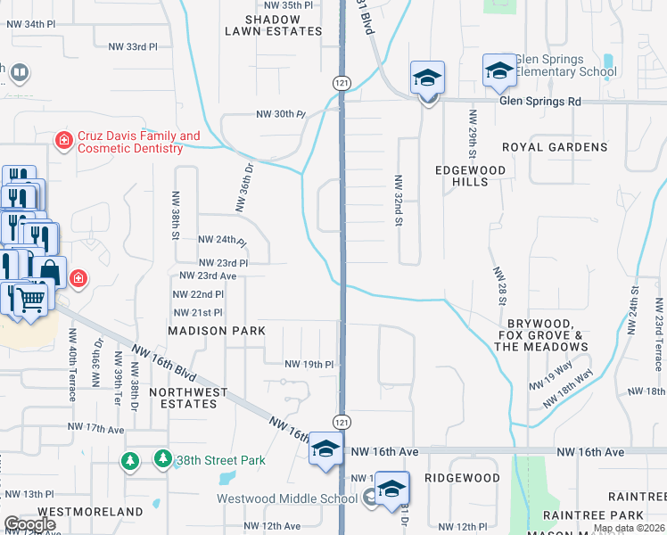 map of restaurants, bars, coffee shops, grocery stores, and more near 2366 Northwest 34th Street in Gainesville