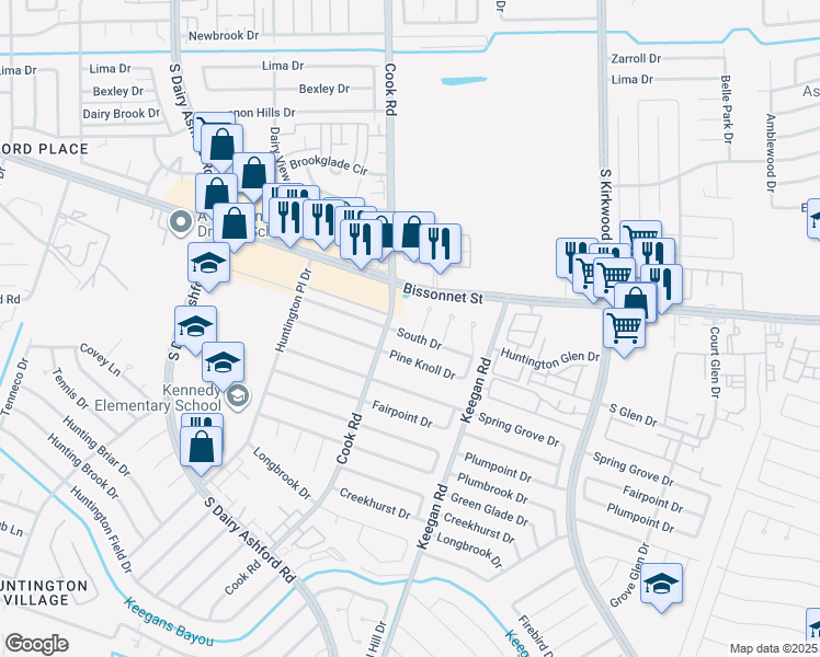 map of restaurants, bars, coffee shops, grocery stores, and more near 12218 South Drive in Houston
