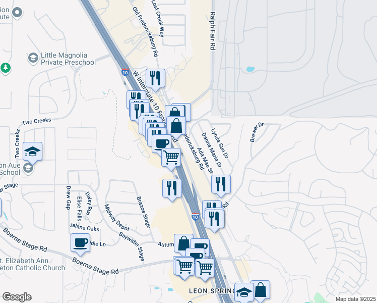 map of restaurants, bars, coffee shops, grocery stores, and more near 25042 Interstate 10 in San Antonio