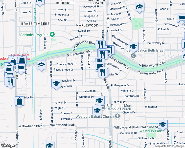 map of restaurants, bars, coffee shops, grocery stores, and more near 9700 Hillcroft Street in Houston