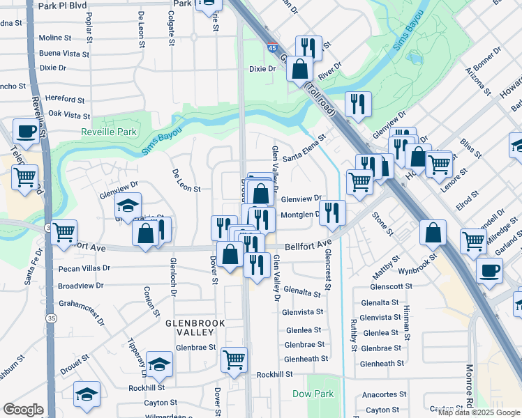 map of restaurants, bars, coffee shops, grocery stores, and more near 8206 Glen Valley Drive in Houston