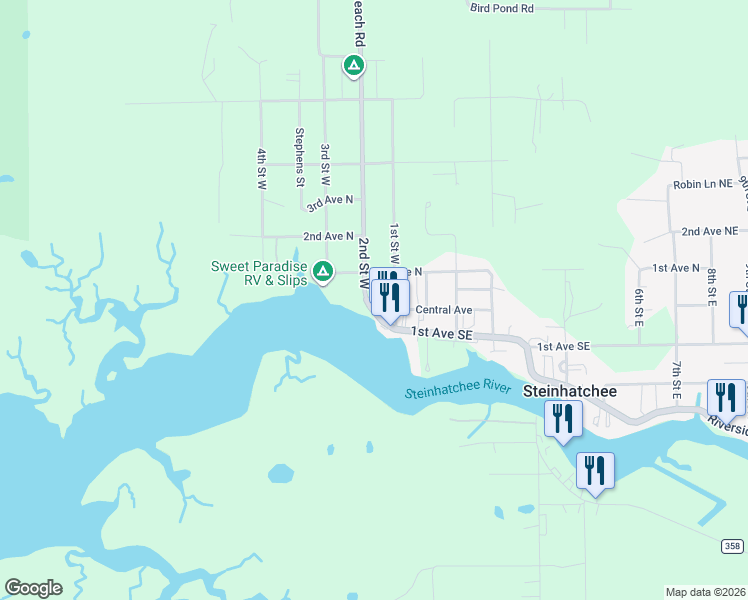 map of restaurants, bars, coffee shops, grocery stores, and more near 115 1st Street West in Steinhatchee
