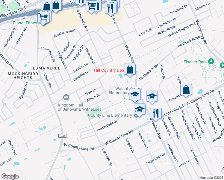 map of restaurants, bars, coffee shops, grocery stores, and more near 1435 Allison Drive in New Braunfels