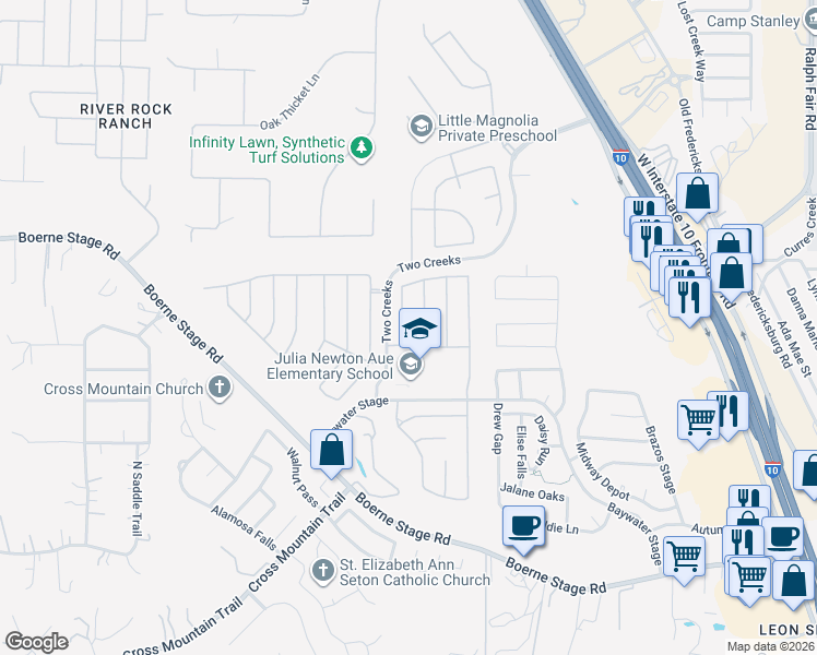 map of restaurants, bars, coffee shops, grocery stores, and more near 25014 Buttermilk Lane in San Antonio