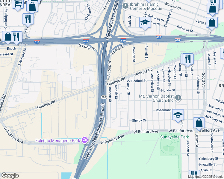 map of restaurants, bars, coffee shops, grocery stores, and more near 8129 Bassett Street in Houston