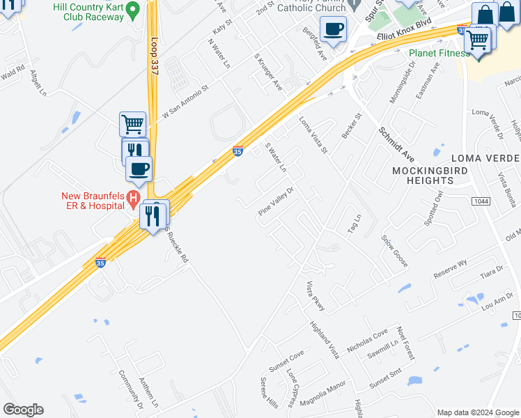 map of restaurants, bars, coffee shops, grocery stores, and more near 3042 Pine Valley Drive in New Braunfels