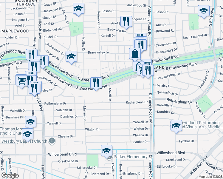 map of restaurants, bars, coffee shops, grocery stores, and more near 9715 Atwell Drive in Houston