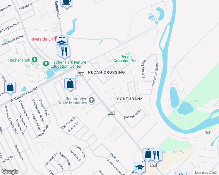 map of restaurants, bars, coffee shops, grocery stores, and more near 2300 Stratford Grace in New Braunfels