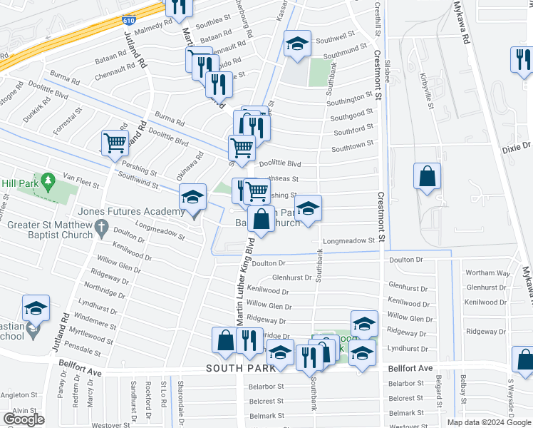 map of restaurants, bars, coffee shops, grocery stores, and more near 5714 Southwind Street in Houston