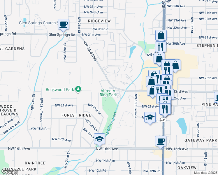 map of restaurants, bars, coffee shops, grocery stores, and more near 2424 Northwest 23rd Avenue in Gainesville