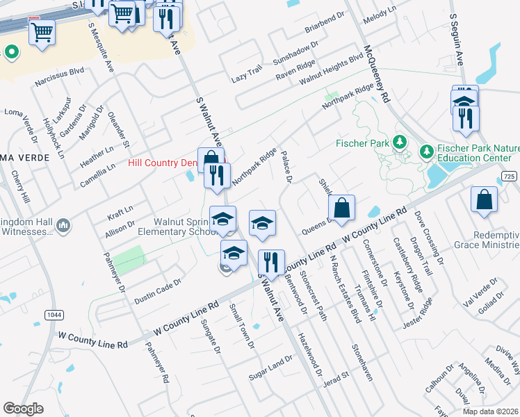 map of restaurants, bars, coffee shops, grocery stores, and more near 1878 Baron Drive in New Braunfels