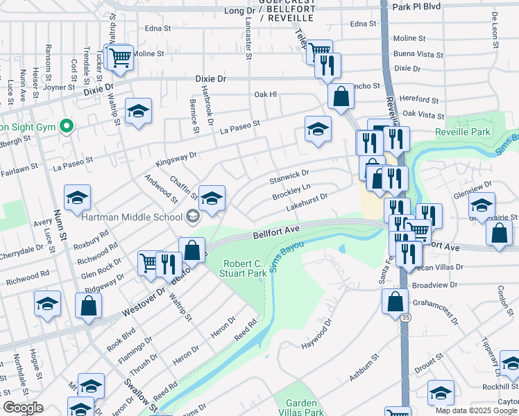 map of restaurants, bars, coffee shops, grocery stores, and more near 7318 Brockley Lane in Houston