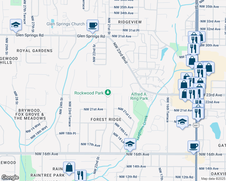 map of restaurants, bars, coffee shops, grocery stores, and more near 2115 Northwest 24th Avenue in Gainesville