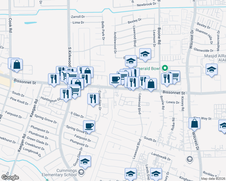 map of restaurants, bars, coffee shops, grocery stores, and more near in Houston