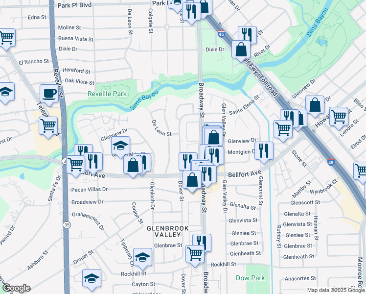 map of restaurants, bars, coffee shops, grocery stores, and more near 8207 Dover Street in Houston