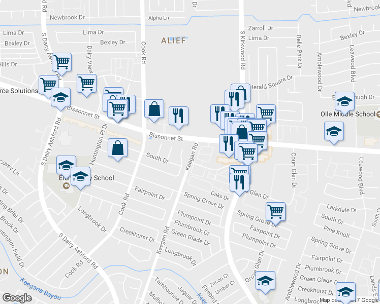 map of restaurants, bars, coffee shops, grocery stores, and more near 9626 Keegan Road in Houston