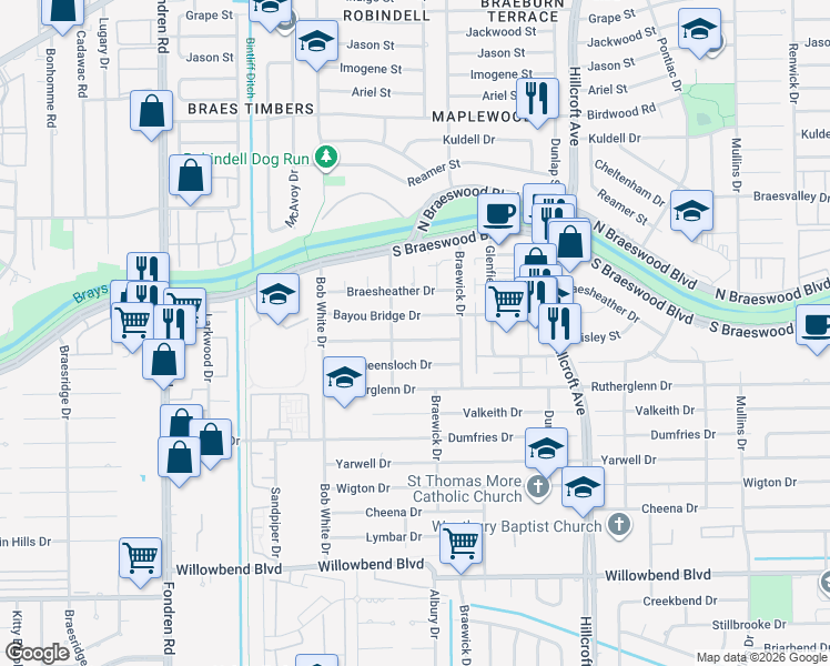 map of restaurants, bars, coffee shops, grocery stores, and more near 6130 Paisley Street in Houston