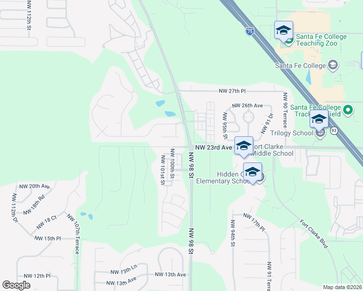map of restaurants, bars, coffee shops, grocery stores, and more near 9914 Northwest 23rd Avenue in Gainesville