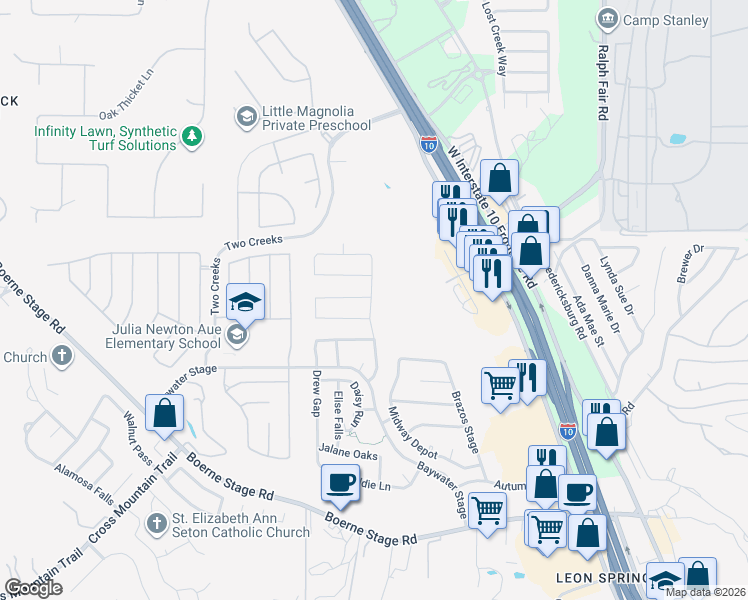 map of restaurants, bars, coffee shops, grocery stores, and more near 25014 Cooper Valley in San Antonio