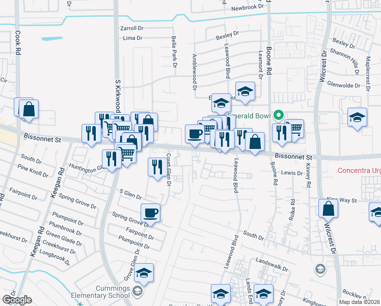 map of restaurants, bars, coffee shops, grocery stores, and more near in Houston