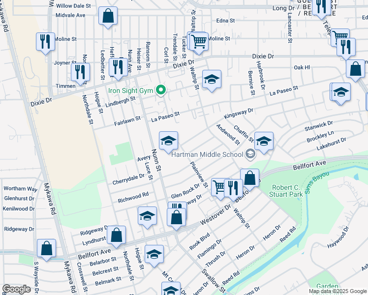 map of restaurants, bars, coffee shops, grocery stores, and more near 6802 Kingsway Drive in Houston