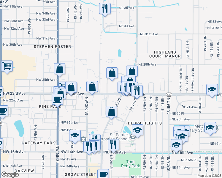 map of restaurants, bars, coffee shops, grocery stores, and more near 2448 North Main Street in Gainesville