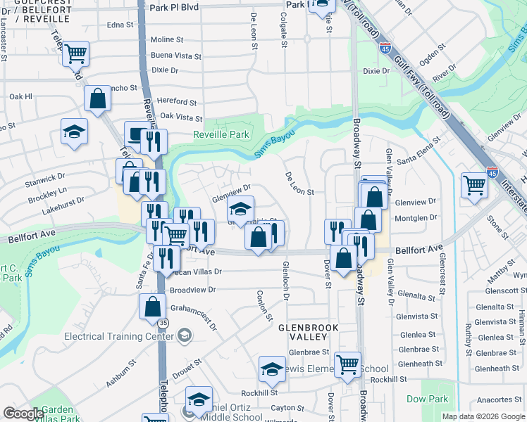 map of restaurants, bars, coffee shops, grocery stores, and more near 7638 Montglen Drive in Houston