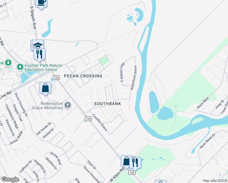 map of restaurants, bars, coffee shops, grocery stores, and more near 2271 Kensington Way in New Braunfels